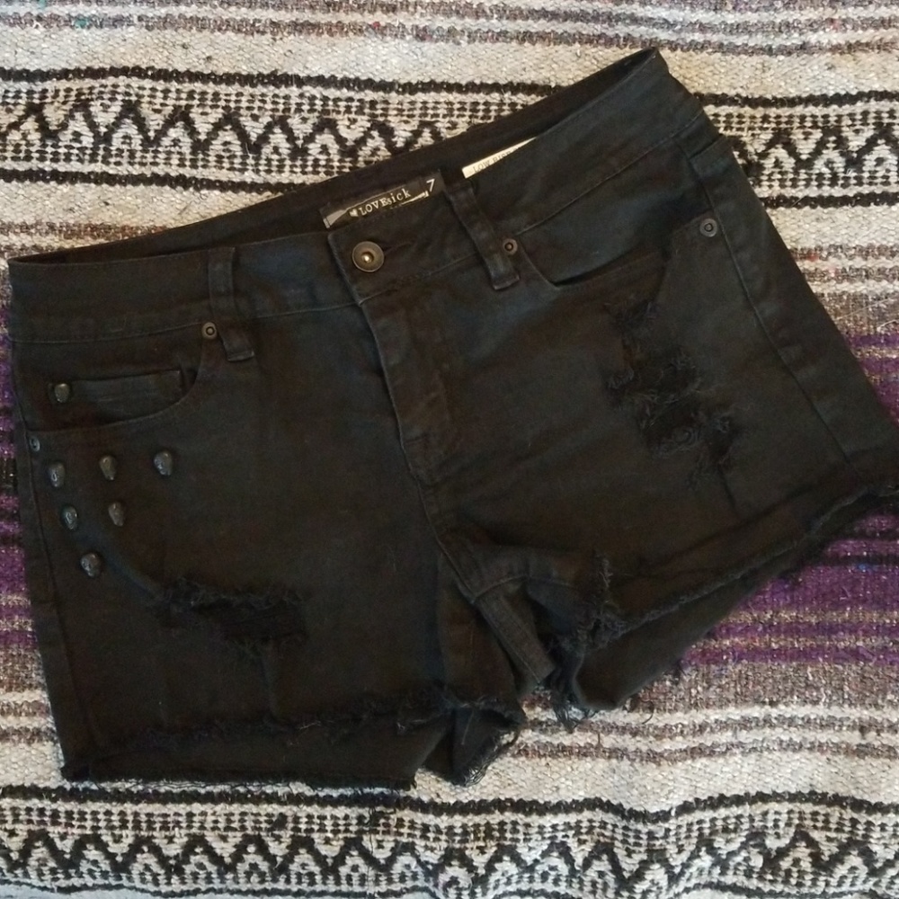 Love Sick Distressed Shorts with Skull Studs